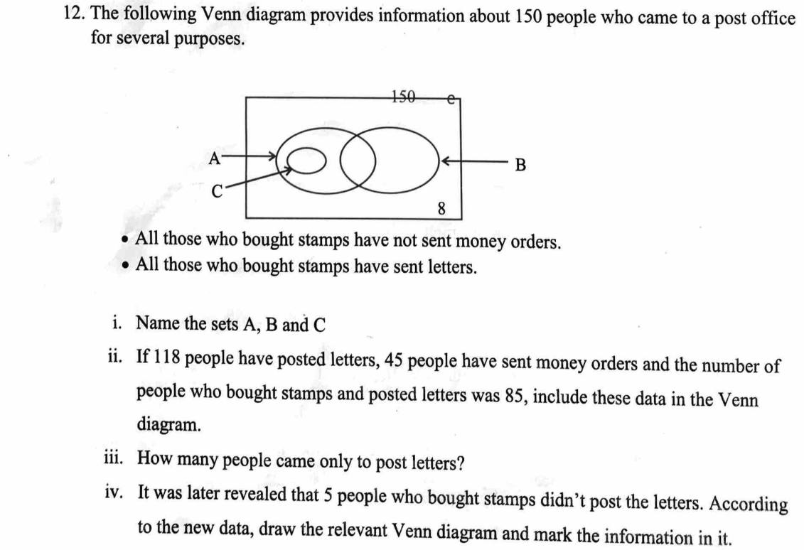 Paper II Part B Q12: Venn diagram with subset: name sets, fill counts, revise data