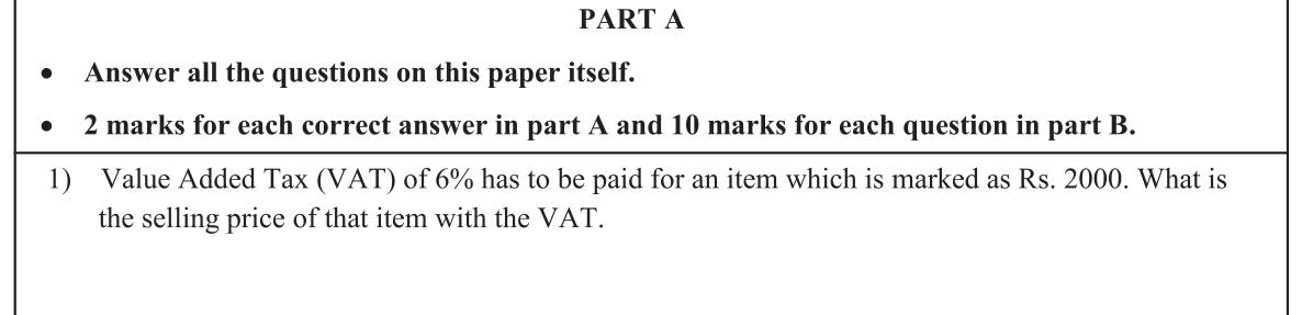 Paper I Part A Q1: Price including VAT at 6 percent