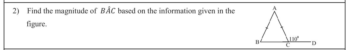 Paper I Part A Q2: Apex angle of isosceles triangle from exterior angle