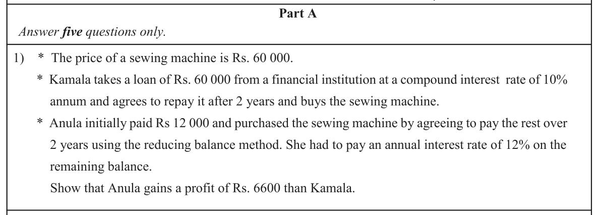 Paper II Part A Q1: Compare compound interest loan with reducing balance instalments