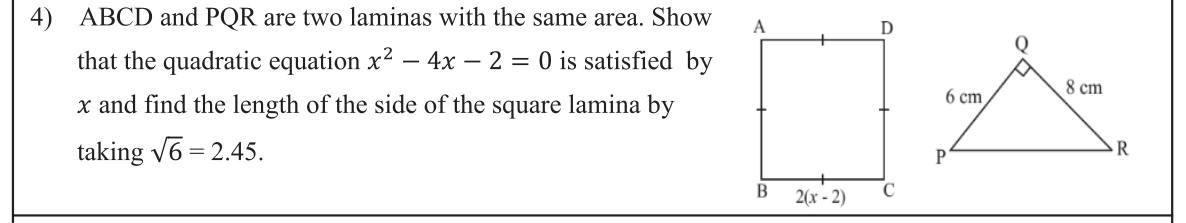 Paper II Part A Q4: Square equal in area to a triangle gives a quadratic