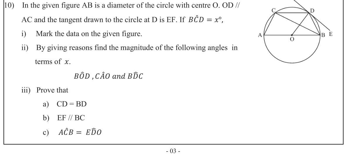Paper II Part B Q10: Semicircle, parallel radius and tangent: angles and proofs