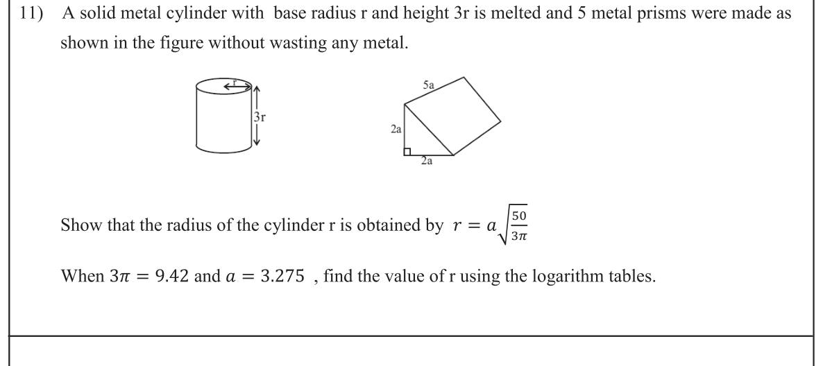 Paper II Part B Q11: Cylinder melted into prisms; radius formula and log tables