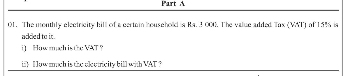 Paper I Part A Q1: VAT on an electricity bill and total bill