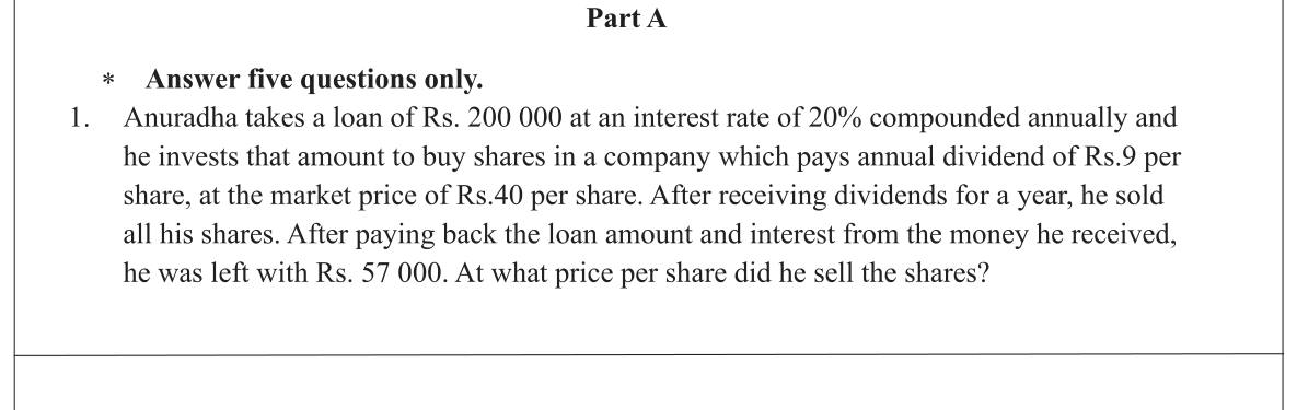 Paper II Part A Q1: Shares bought with a compound-interest loan; selling price
