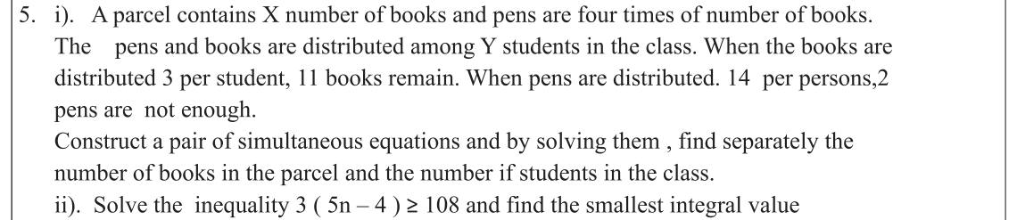 Paper II Part A Q5: Books and pens simultaneous equations; linear inequality