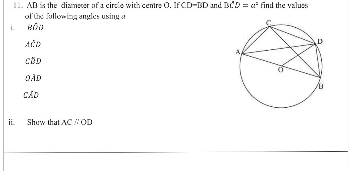 Paper II Part B Q11: Circle angles in terms of a; prove parallel lines