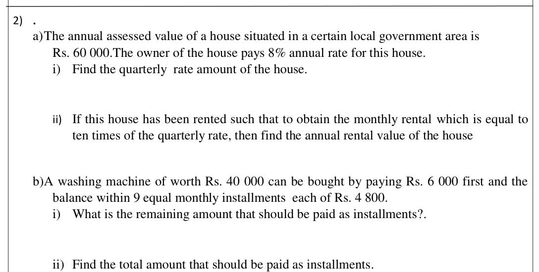 Paper I Part B Q2: Rates and rent of a house; hire purchase interest