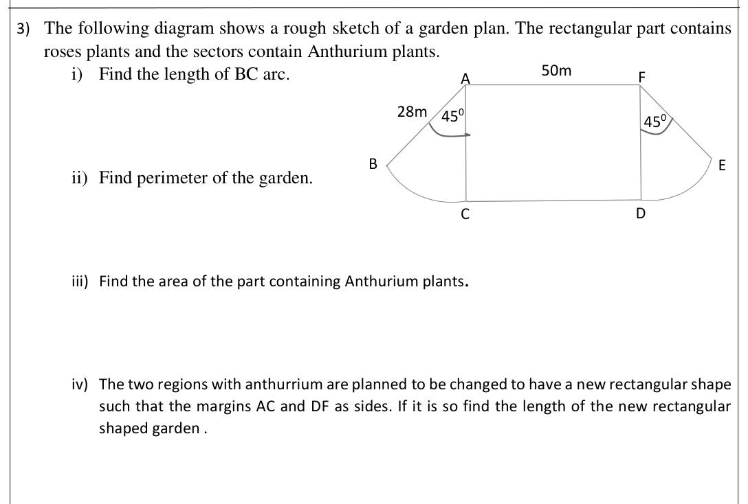 Paper I Part B Q3: Garden with rectangle and two 45 degree sectors