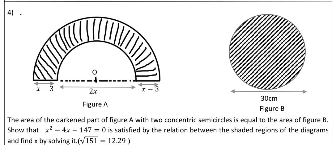 Paper II Part A Q4: Semicircular ring area equals circle; solve quadratic