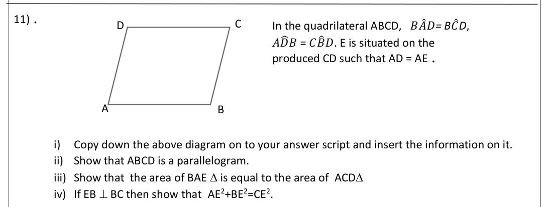 Paper II Part B Q11: Prove parallelogram, equal triangle areas and a Pythagoras relation