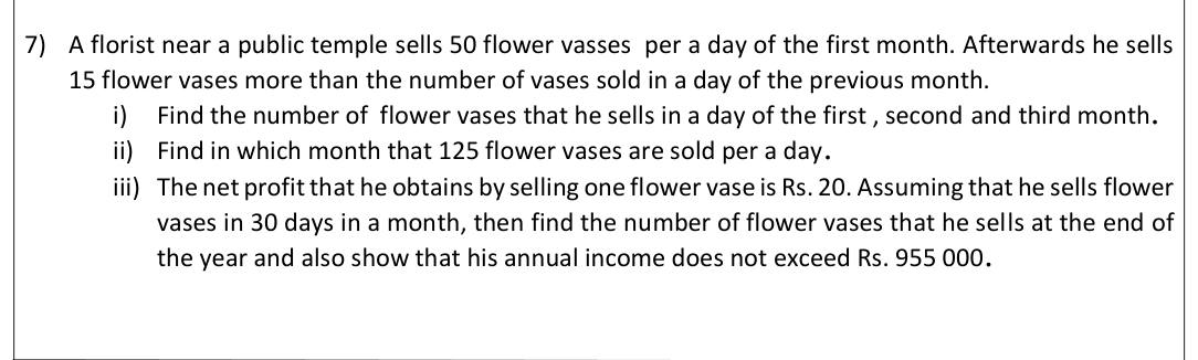 Paper II Part B Q7: Daily flower vase sales increase as an AP