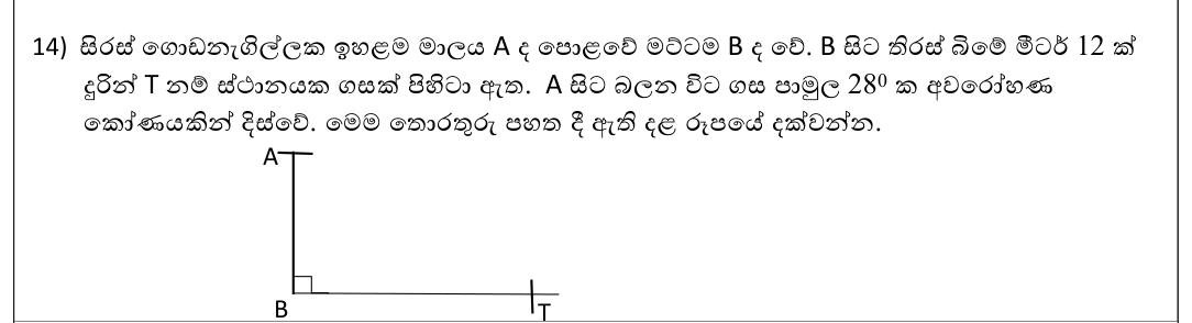 Paper I Part A Q14: Mark angle of depression and distance on a sketch
