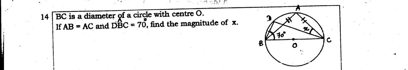 Paper I Part A Q14: Angle in a circle with a diameter and isosceles triangle