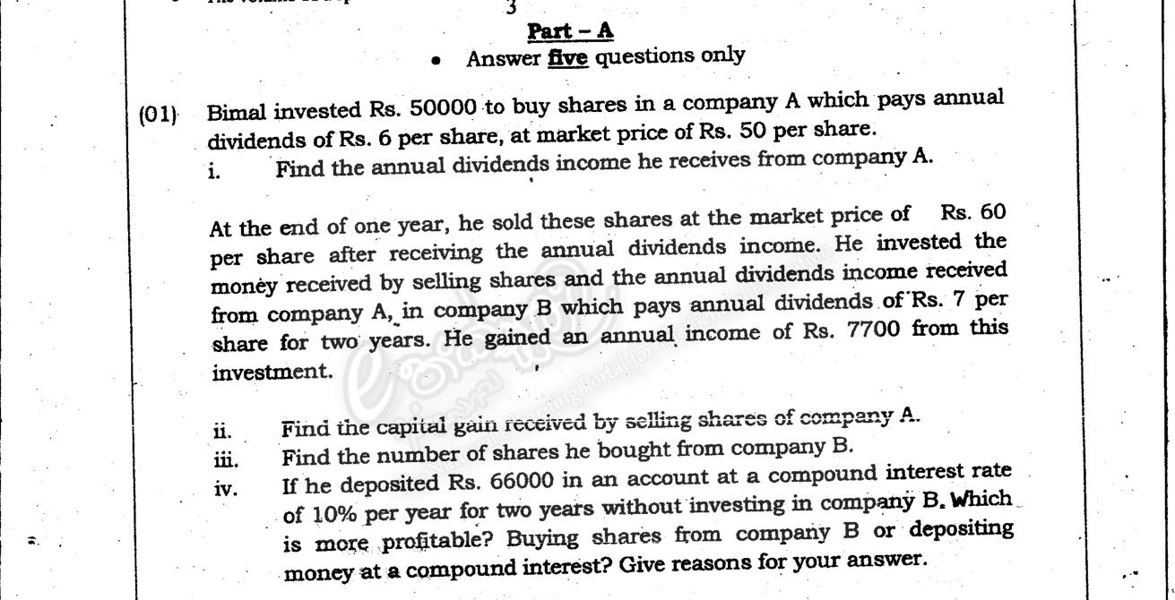 Paper II Part A Q1: Dividends, capital gain, buying shares versus compound interest