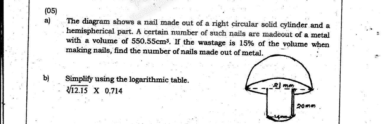 Paper II Part A Q5: Number of nails from metal with wastage; log table calculation