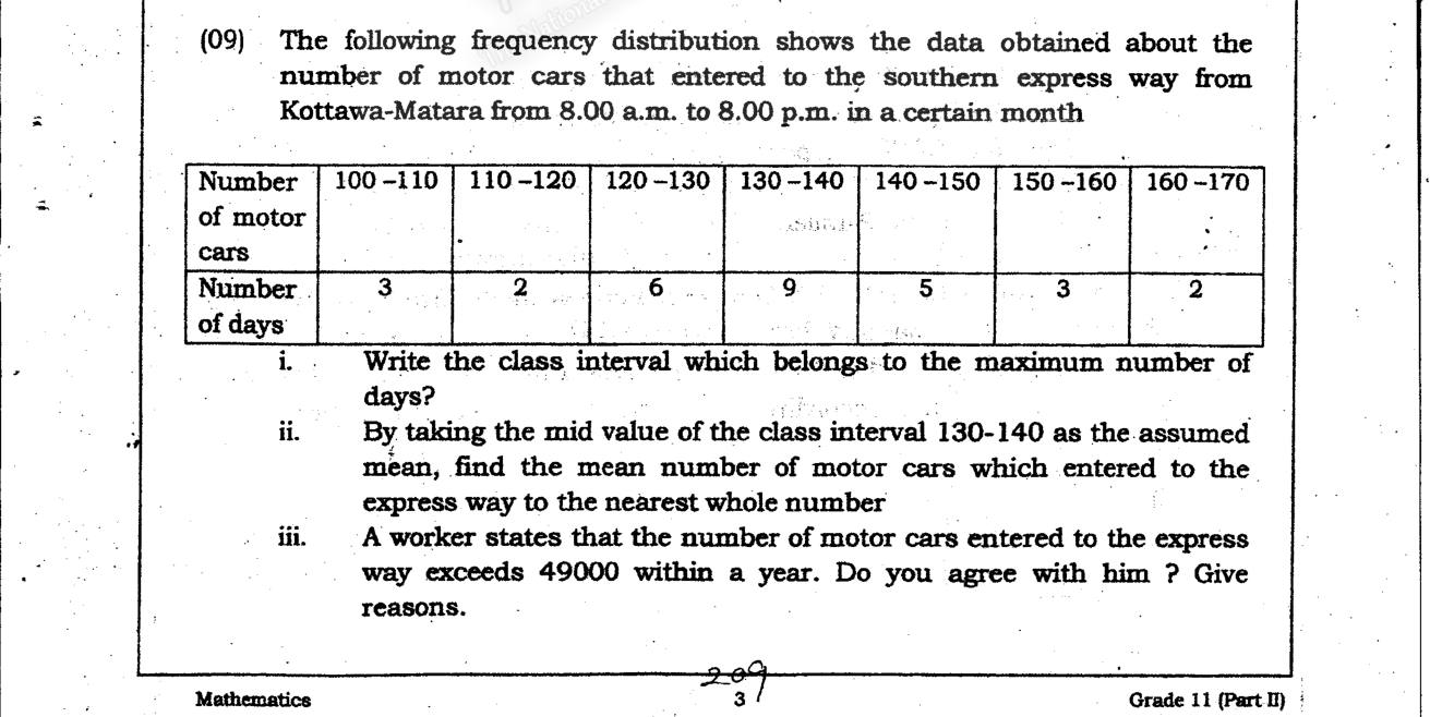 Paper II Part B Q9: Mean daily cars by assumed mean; test a yearly claim