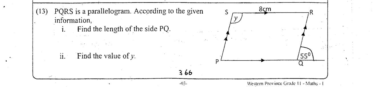 Paper I Part A Q13: Side and angle of a parallelogram from an exterior angle