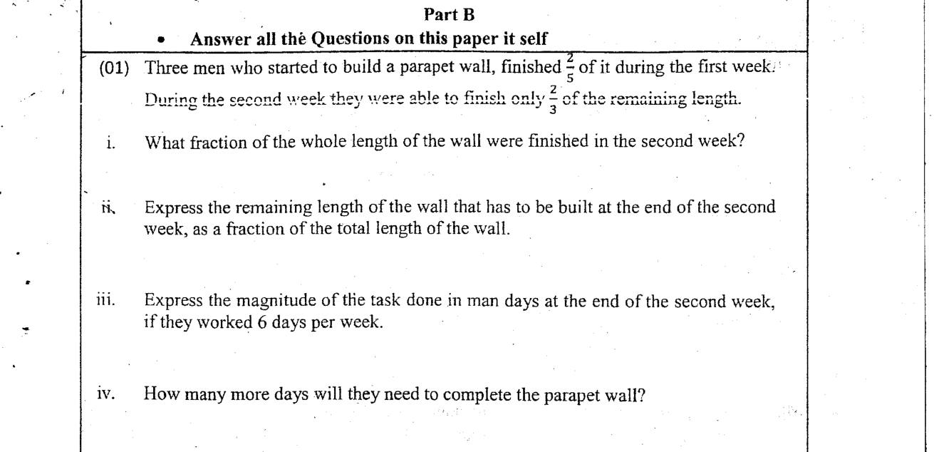 Paper I Part B Q1: Fractions of a wall built each week; man-days and days left