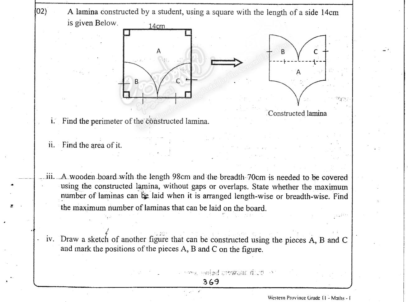 Paper I Part B Q2: Lamina cut from a square with quarter circles: perimeter, area, tiling