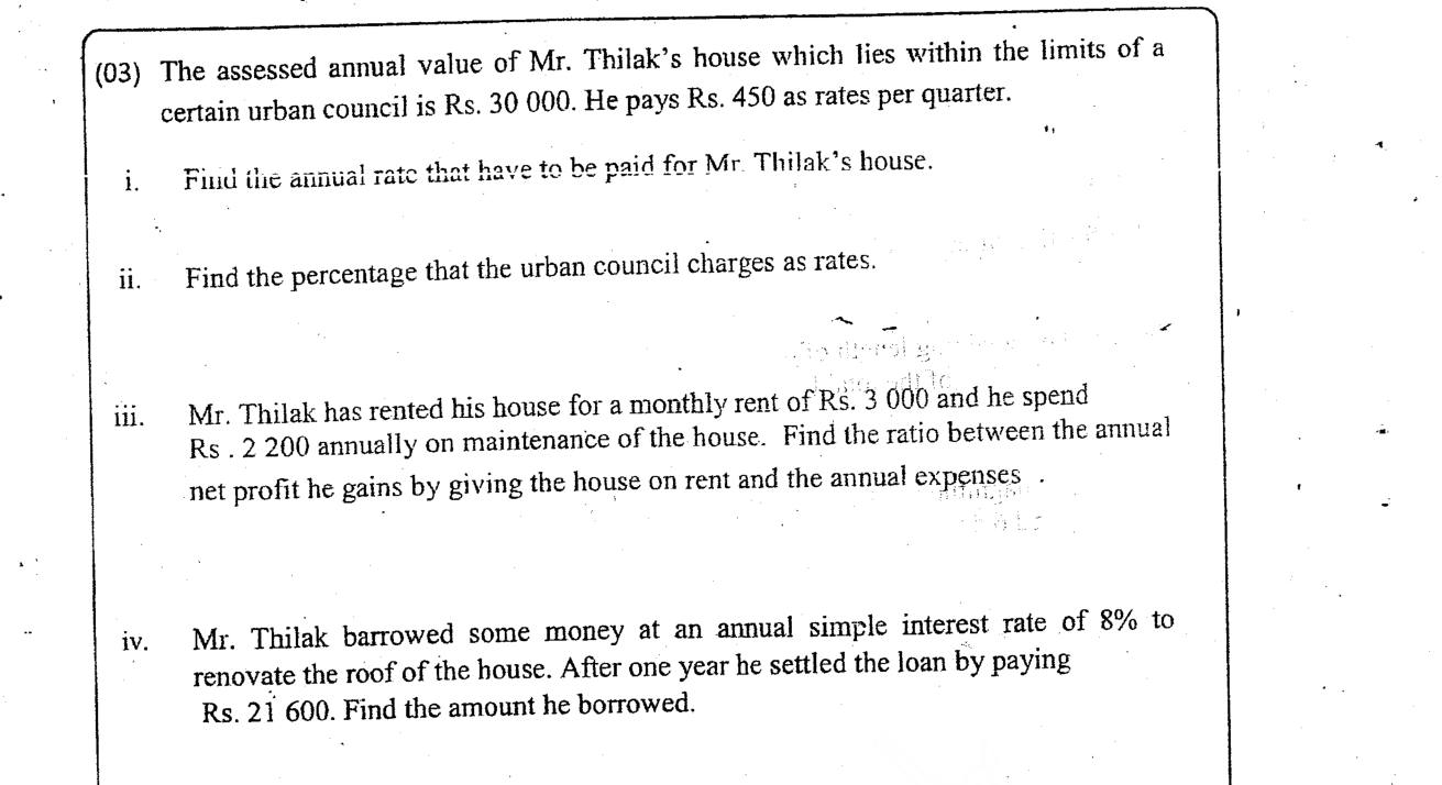 Paper I Part B Q3: House rates, rent profit ratio, simple interest loan
