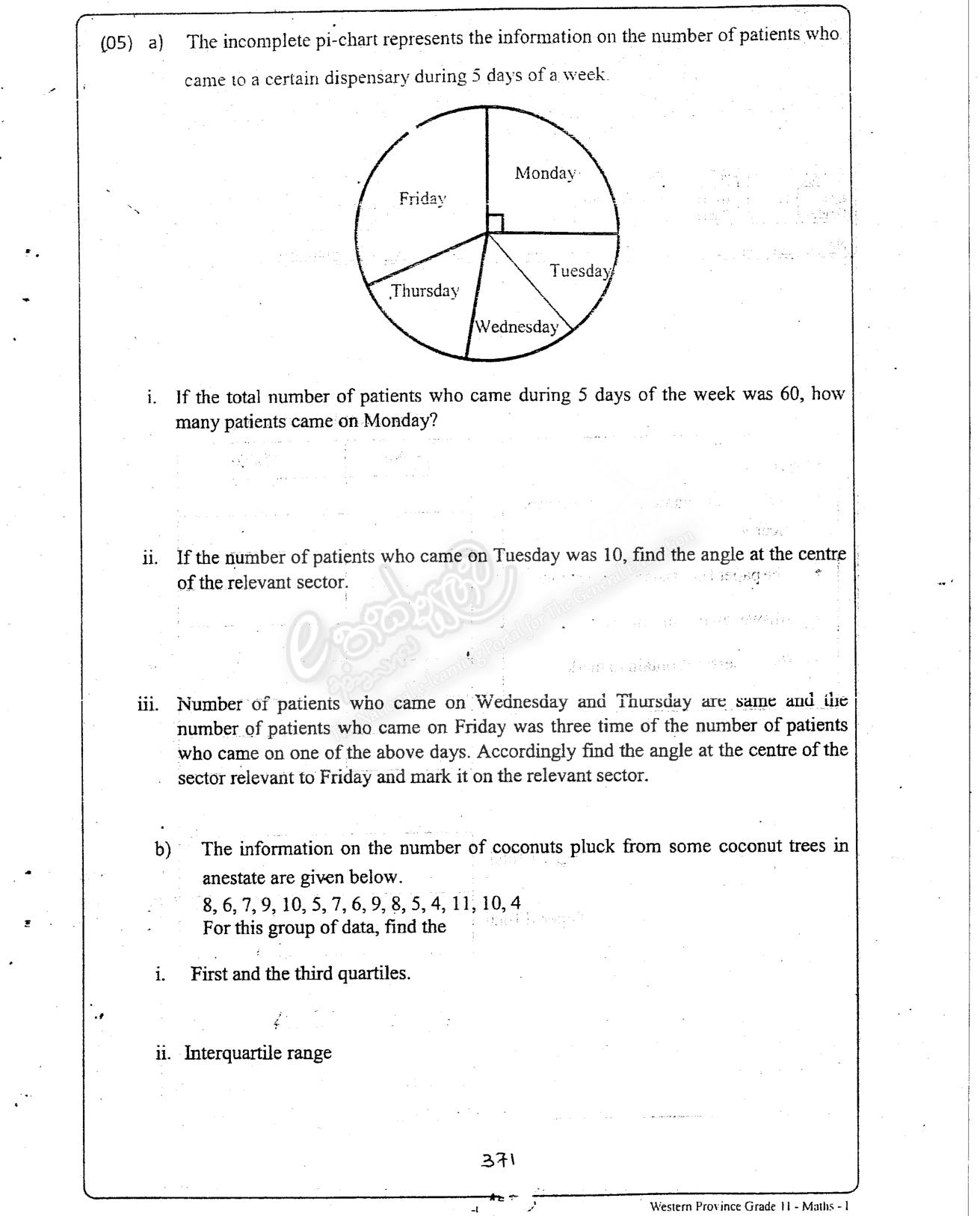 Paper I Part B Q5: Pie chart sector angles; quartiles and interquartile range