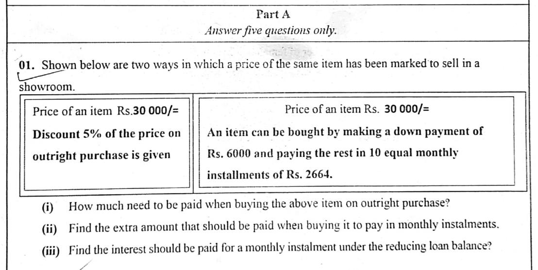Paper II Part A Q1: Cash discount versus instalment plan; interest per instalment