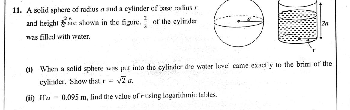 Paper II Part B Q11: Sphere displaces water in cylinder; radius by logarithms