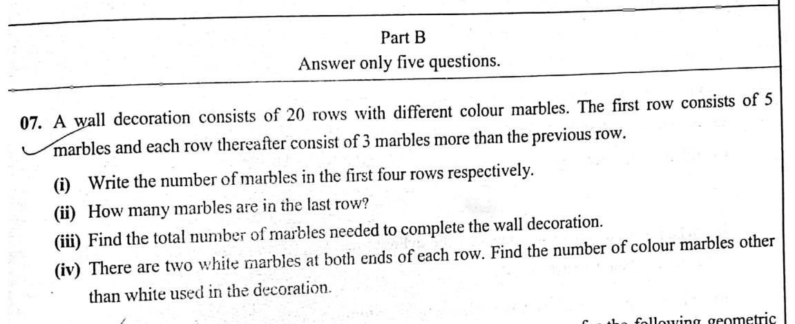 Paper II Part B Q7: Arithmetic progression of marbles: terms, last term, sum