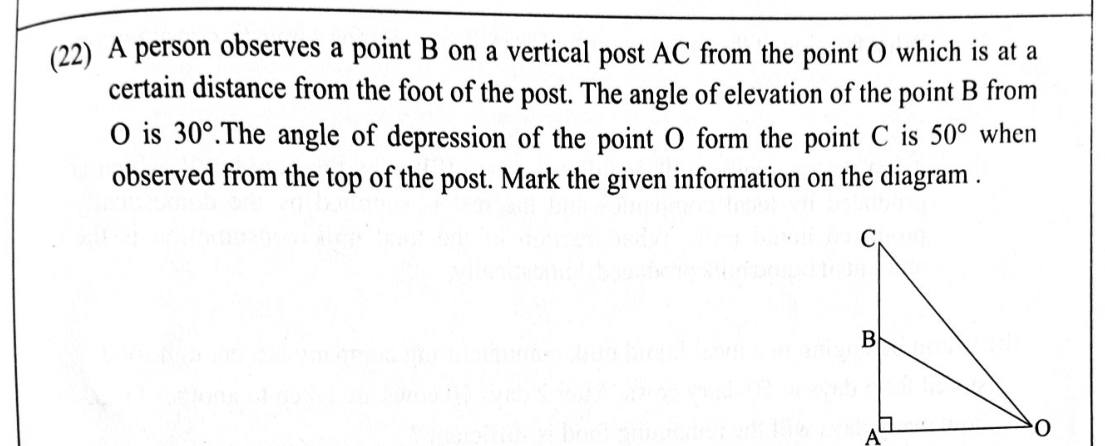 Paper I Part A Q22: Mark angles of elevation and depression on a post diagram