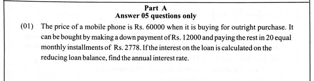 Paper II Part A Q1: Annual interest rate on a reducing-balance instalment purchase