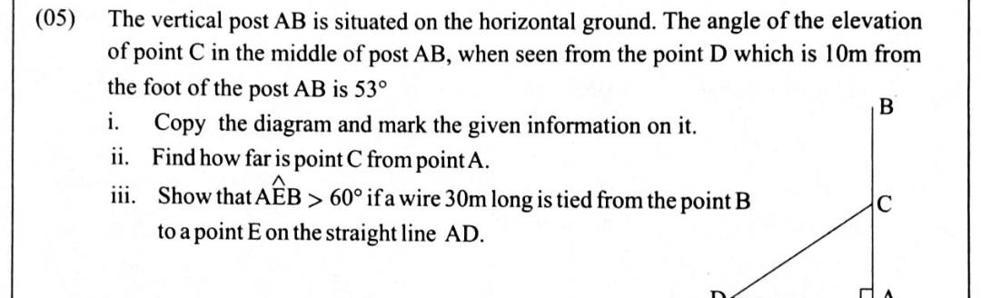 Paper II Part A Q5: Elevation of a post midpoint; show an angle exceeds 60 degrees