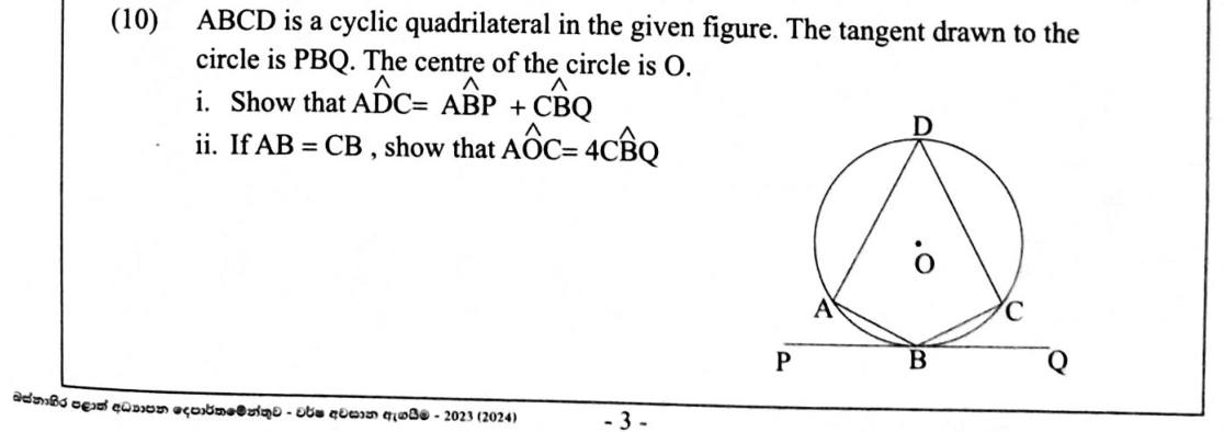 Paper II Part B Q10: Tangent at B to a cyclic quadrilateral; angle relations