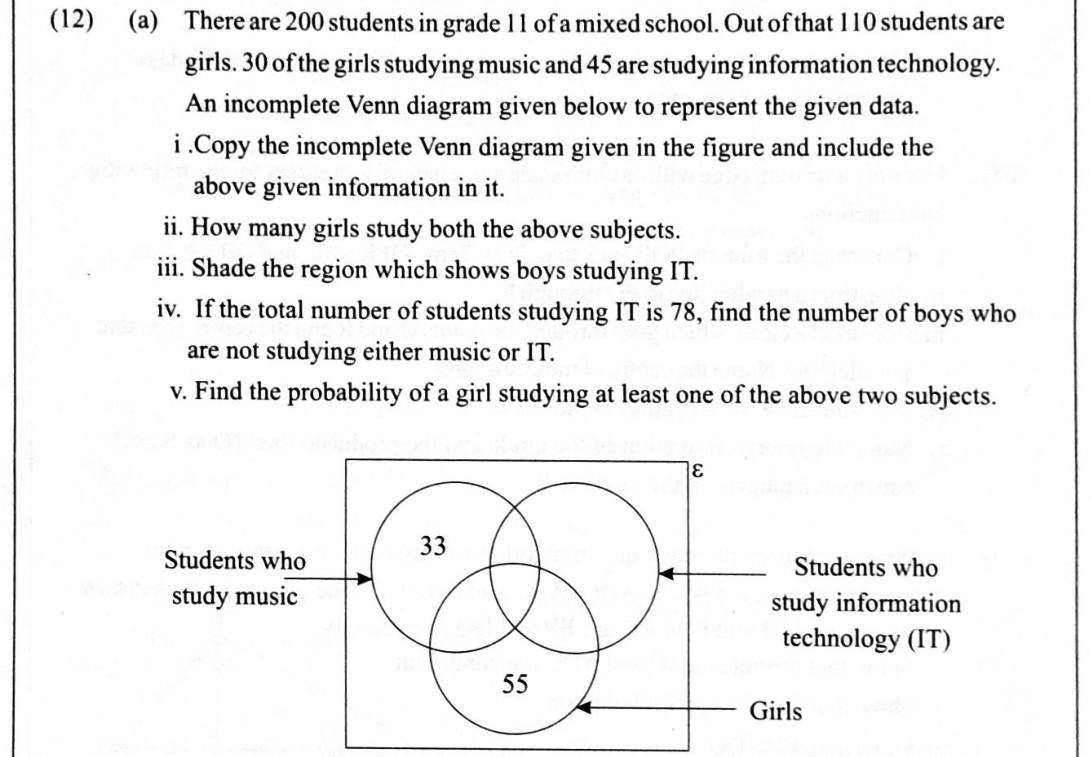 Paper II Part B Q12: Three-set Venn diagram of students, subjects and girls; probability