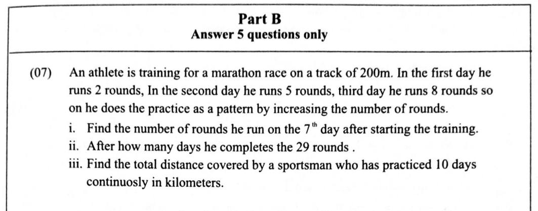Paper II Part B Q7: AP of daily rounds: 7th term, day for 29 rounds, total distance