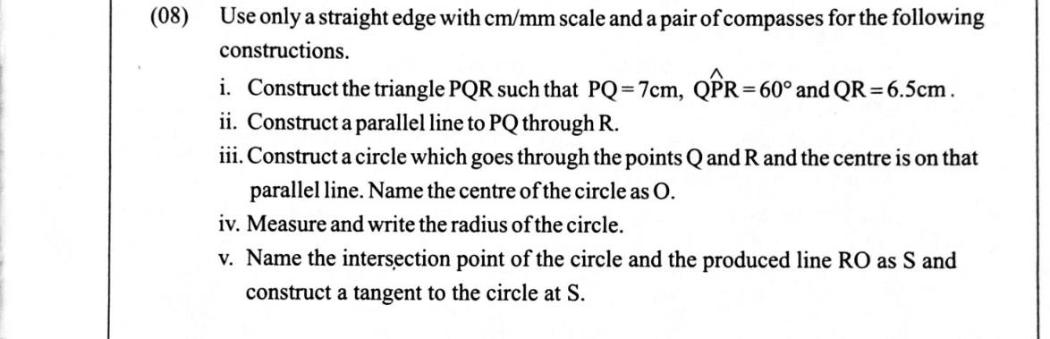 Paper II Part B Q8: Construct triangle, parallel line, circle through two points, tangent