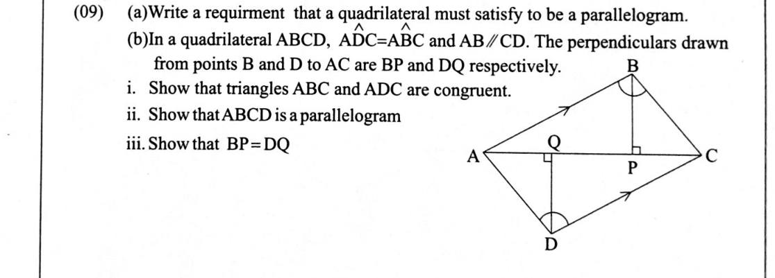 Paper II Part B Q9: Parallelogram conditions; congruent triangles; equal perpendiculars