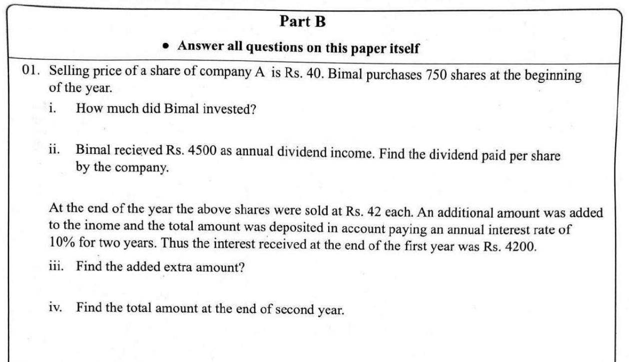 Paper I Part B Q1: Shares: investment, dividend per share; sale proceeds in an interest account