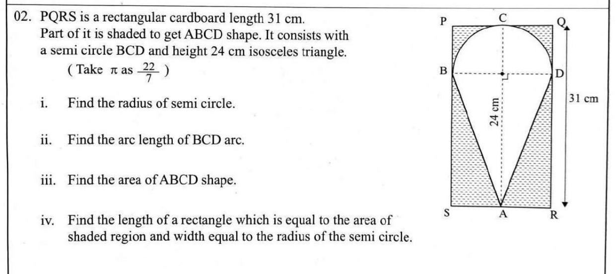 Paper I Part B Q2: Semicircle on an isosceles triangle in a rectangle: radius, arc, areas