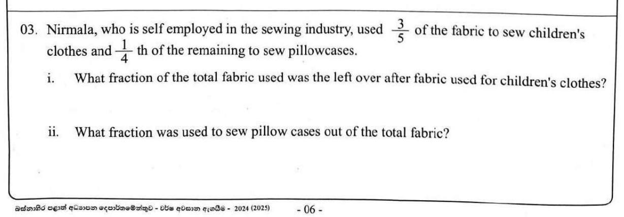 Paper I Part B Q3: Fractions of fabric used, total mass, profit percentage