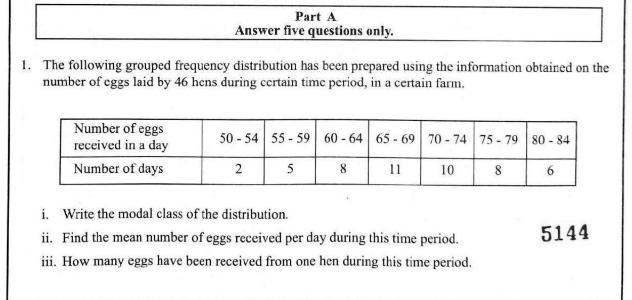 Paper II Part A Q1: Grouped data: modal class, mean per day, eggs per hen