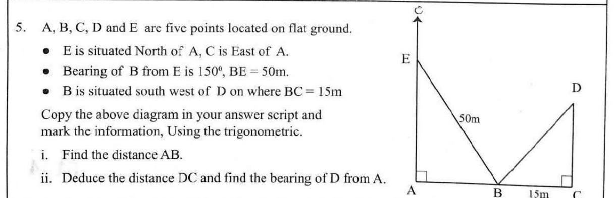 Paper II Part A Q5: Bearings with right triangles: a distance by sine, another distance and bearing
