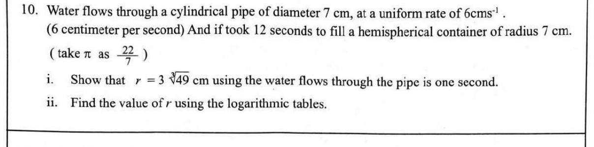 Paper II Part B Q10: Pipe flow fills a hemisphere: cube-root radius, evaluated with logs