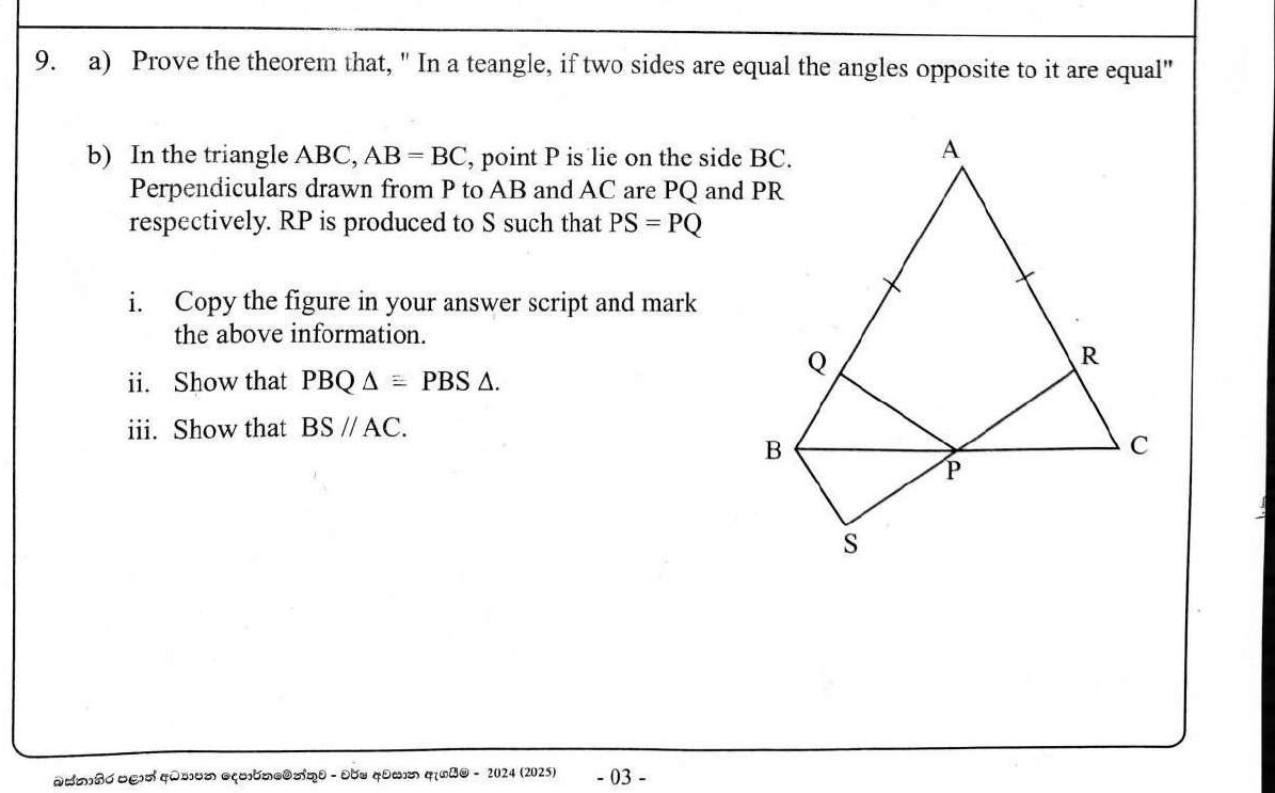 Paper II Part B Q9: Prove isosceles base-angle theorem; congruence and a parallel line