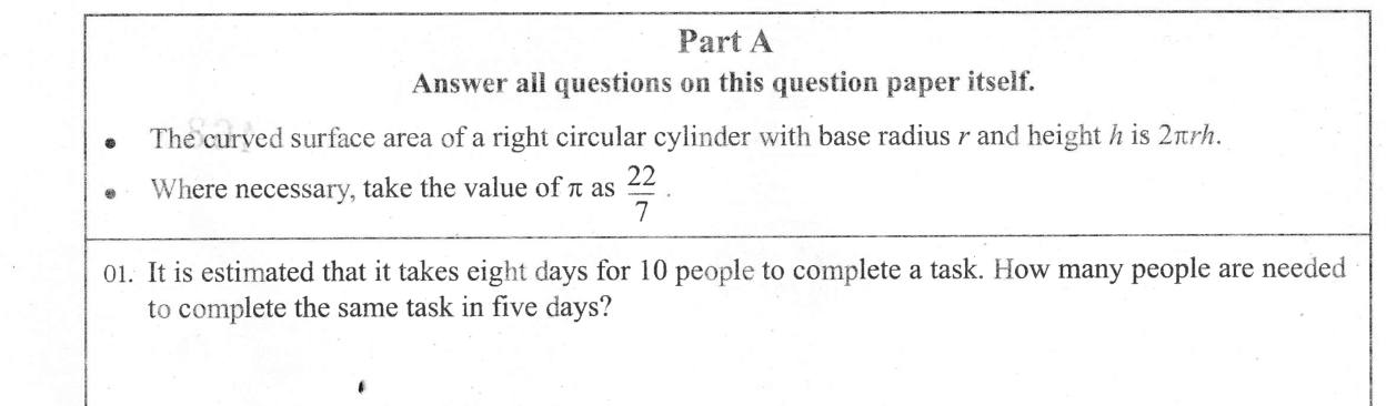 Paper I Part A Q1: People needed to finish a task in fewer days