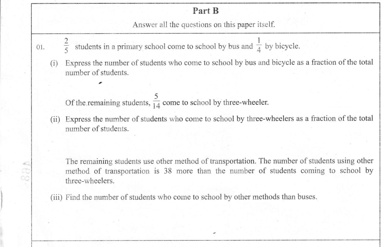 Paper I Part B Q1: Fractions of students by transport mode; total from difference