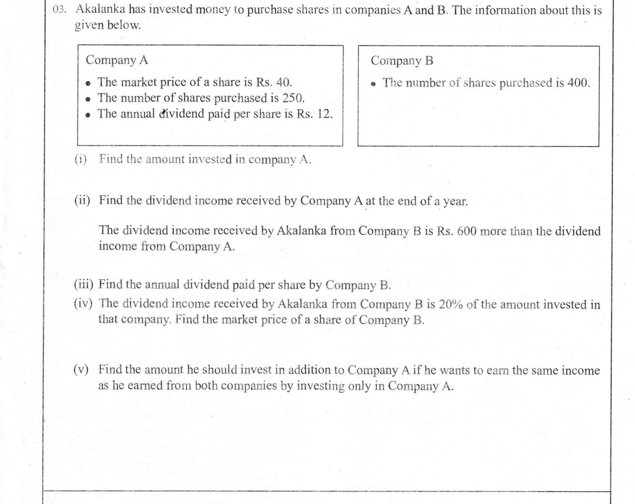 Paper I Part B Q3: Shares in two companies: investment, dividends, market price