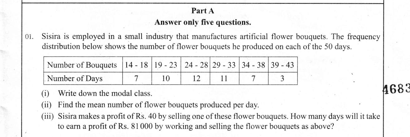 Paper II Part A Q1: Grouped data: modal class, mean, days to reach a profit