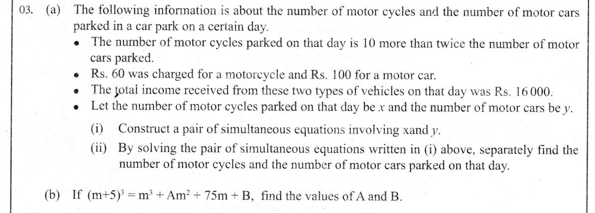Paper II Part A Q3: Simultaneous equations for parked vehicles; expand a binomial cube