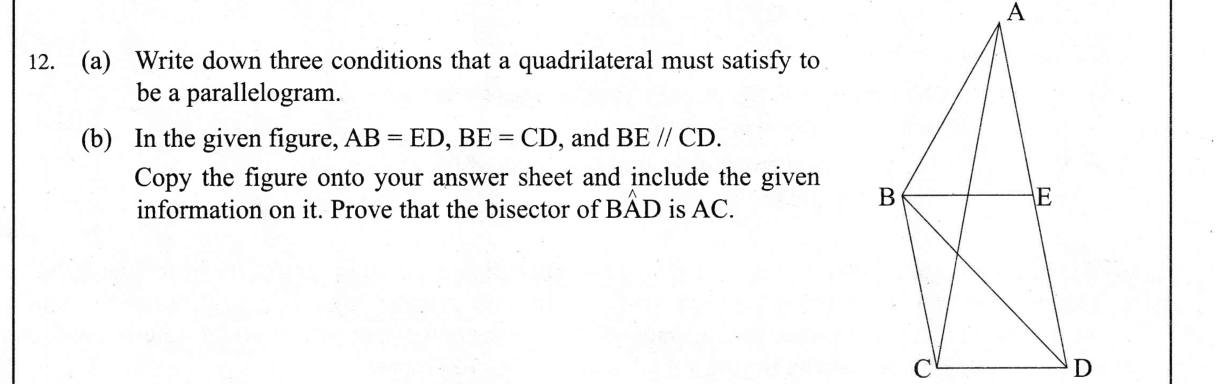 Paper II Part B Q12: Parallelogram conditions; prove a diagonal bisects an angle